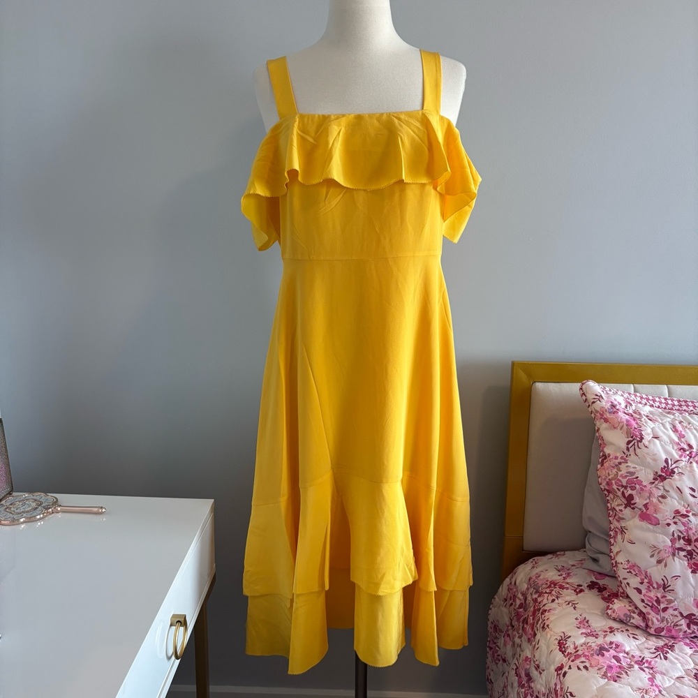 NWT J. Crew Collection sun yellow 100% silk cold shoulder midi dress size 8 new